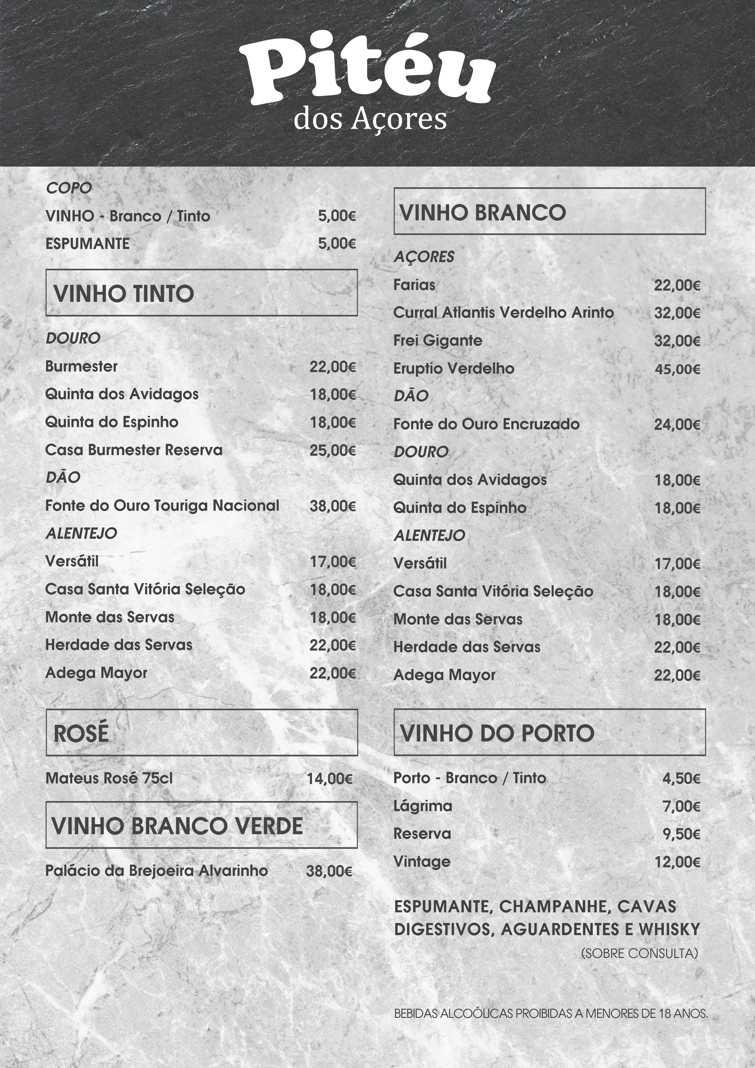 Menu de vinhos do Restaurante Pitéu dos Açores